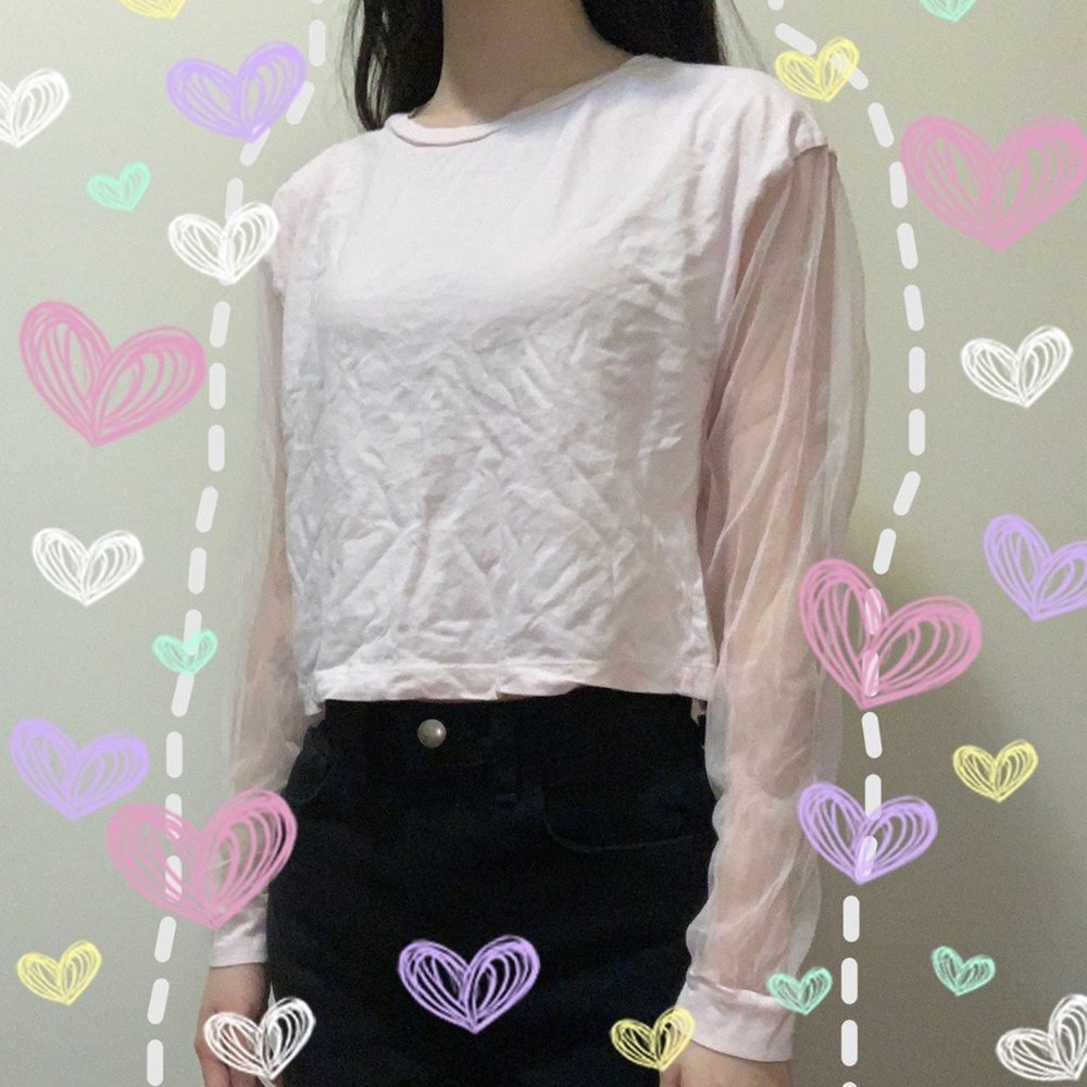 Pastel Light Pink Forever 21 Shirt Crop Top Mesh Long Sleeve Y2k Kpop Kfashion